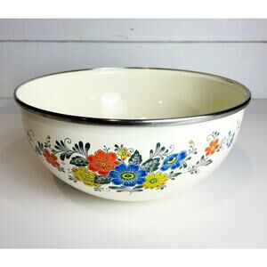 Vintage, Kobe Kitchen Dining Enamel Bowl, Cream, Colorful Floral Print Food Vtg